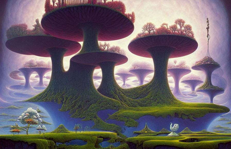 Surreal landscape with oversized mushrooms, unique trees, and floating islands