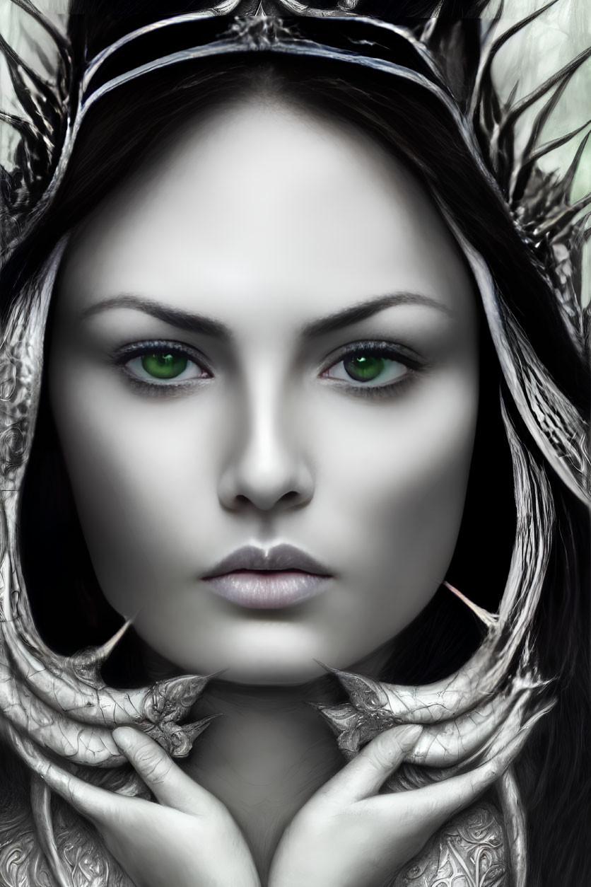 Digital Artwork: Woman with Striking Green Eyes and Tree Branch-Like Adornments
