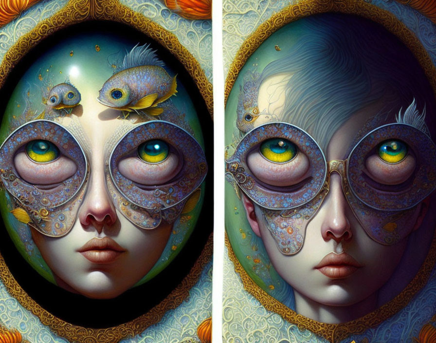 Surreal portraits with ornate glasses reflecting fish and peacock on patterned backgrounds