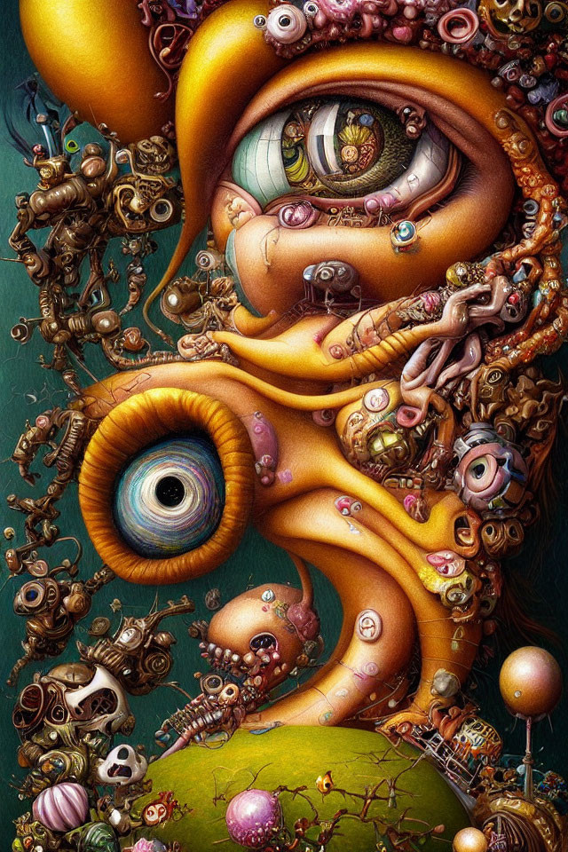 Detailed psychedelic artwork with eyes, tentacles, mechanical elements, and skulls in vivid colors