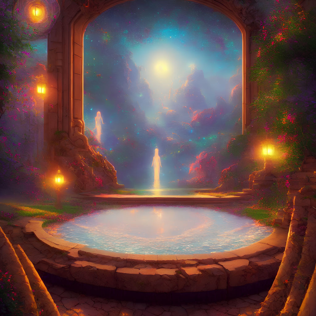 Mystical archway under starry sky with ethereal figures by reflecting pool