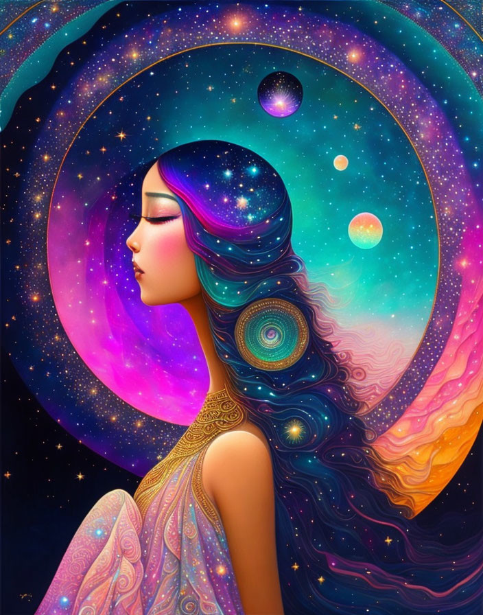 Cosmic-themed woman illustration with starry space background