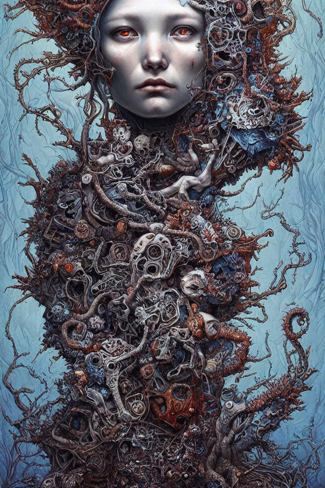 Detailed surreal portrait with pale face and metallic-organic entwined elements