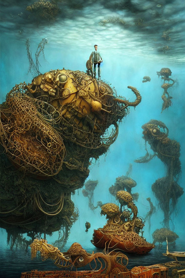 Man standing on intricate underwater structure with jellyfish-like entities in dreamlike deep-sea scene