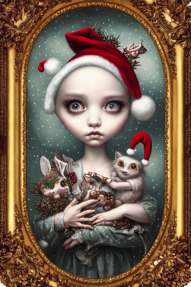Whimsical painting of girl in Santa hat with large eyes holding reindeer, rabbit, and owl