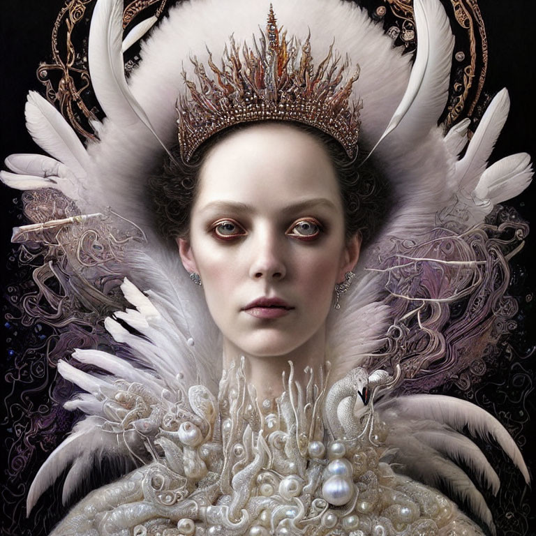 Portrait of woman with pale skin, dark eyes, ornate crown, feathers, and pearl necklace