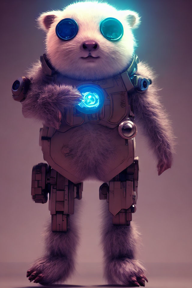 Futuristic panda with robotic legs and high-tech suit in blue goggles