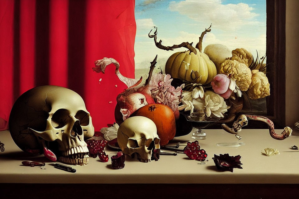 Classic still life painting: skull, pumpkins, blossoms, spilled glass, seeds, and red