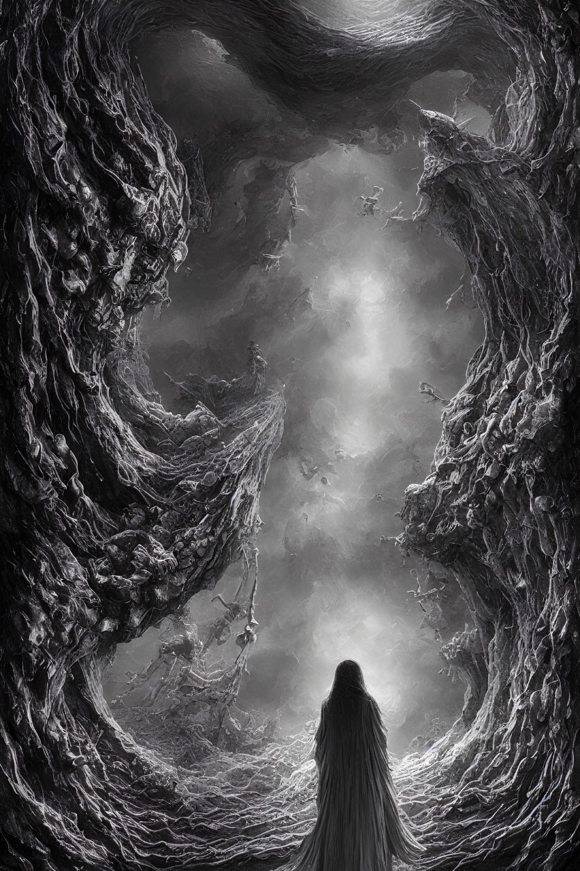Solitary figure in front of swirling vortex of twisted trees