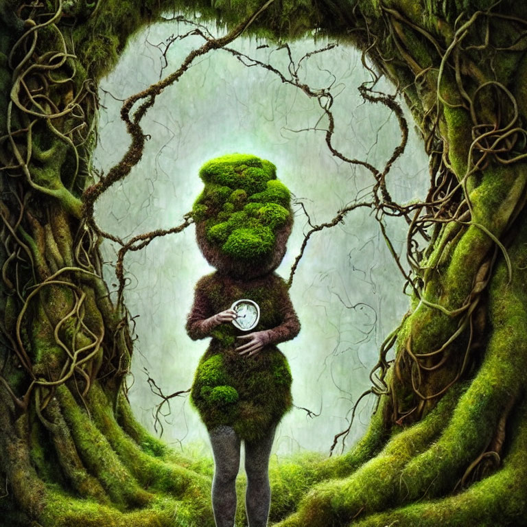 Fantastical moss humanoid with mirror, heart-shaped tree portal
