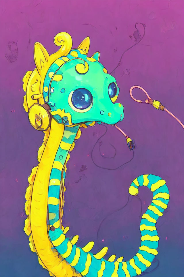 Colorful Cartoonish Sea Creature with Yellow Tail and Headphones on Purple Background