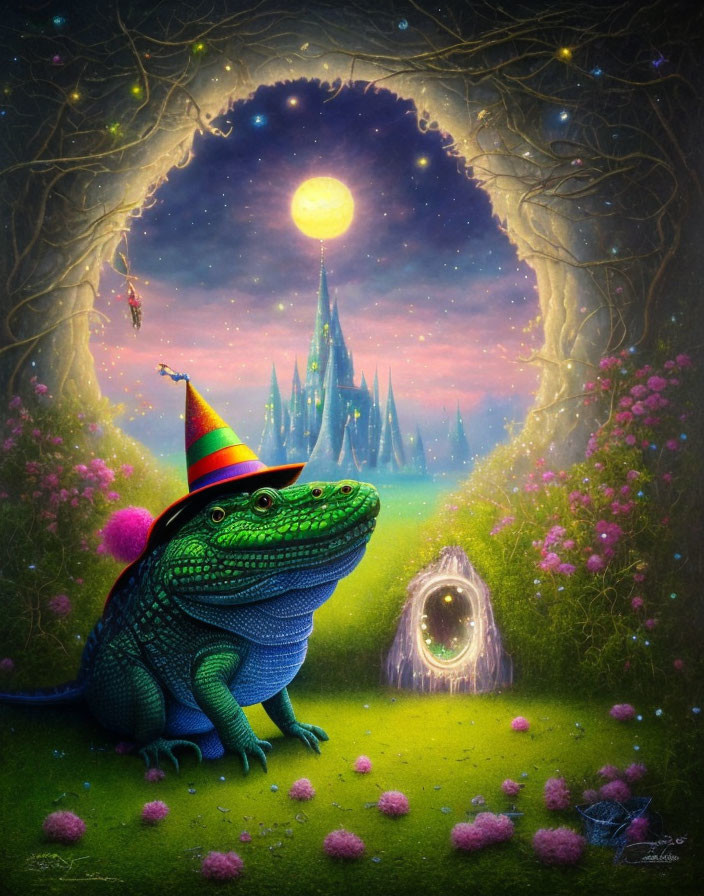 Colorful party hat lizard in magical forest with glowing flowers and castle backdrop
