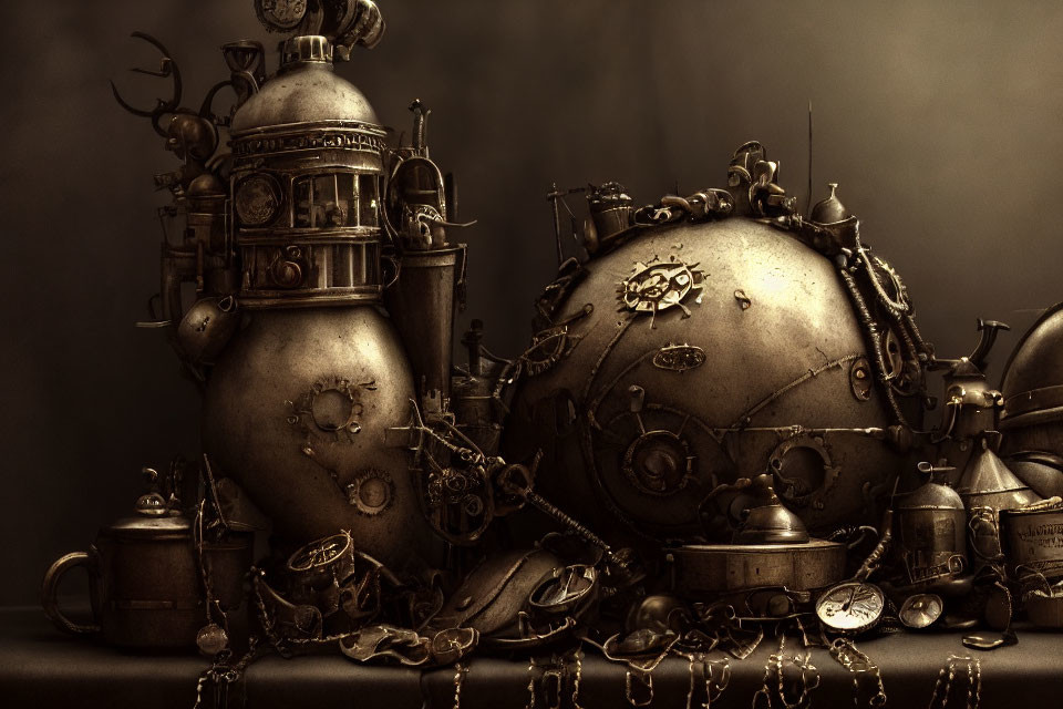Sepia-Toned Steampunk Still Life with Mechanical Objects