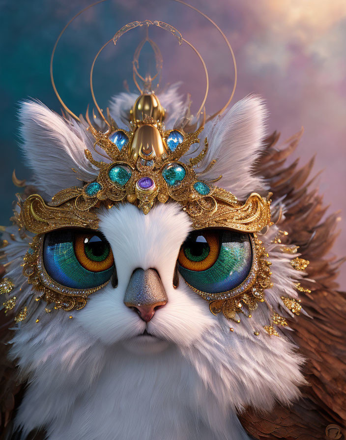Fluffy white cat with green and blue eyes wearing golden mask and halo.