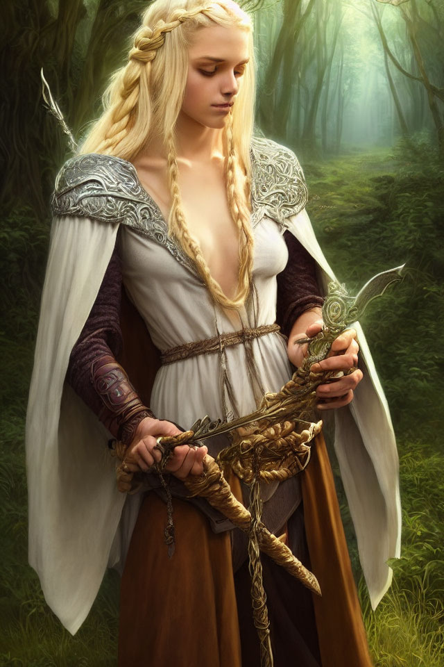 Fantasy elf character with staff in serene forest