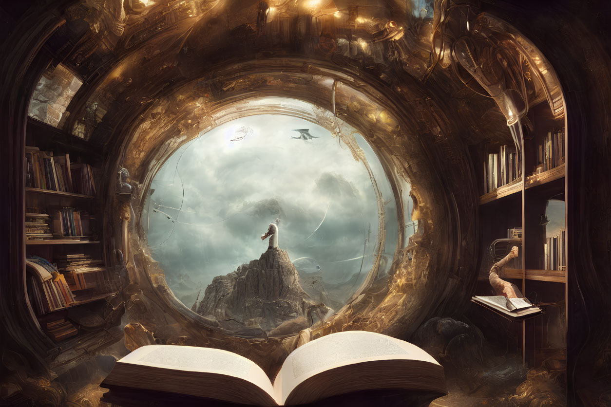 Fantastical portal and mountain scene with open book and flying fish