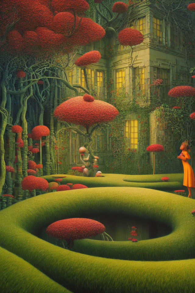 Whimsical illustration of labyrinthine garden with oversized mushrooms and stylized characters