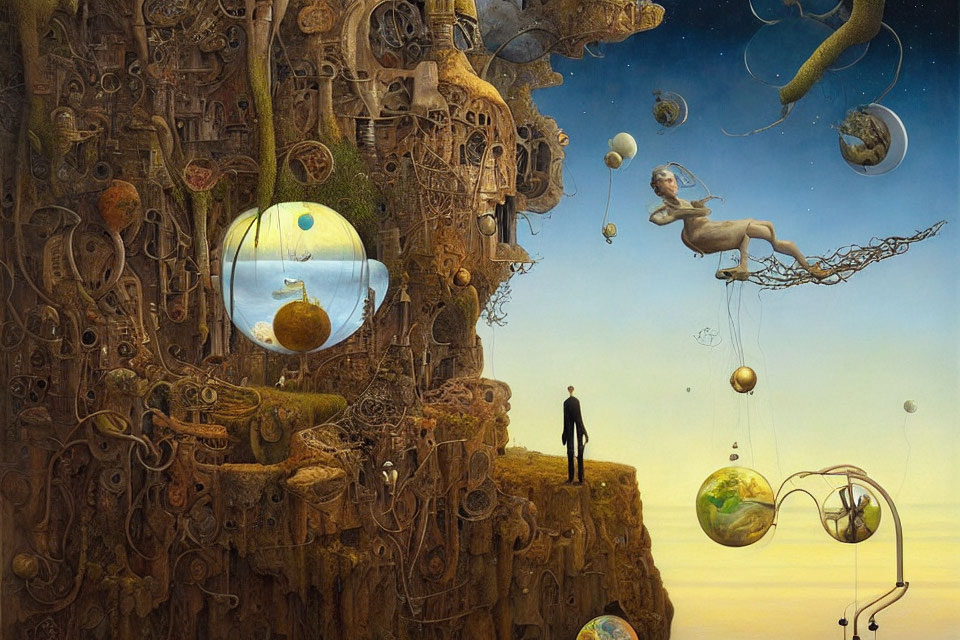 Surreal painting featuring man on cliff, mechanical tree, celestial spheres, and horse-like figure in
