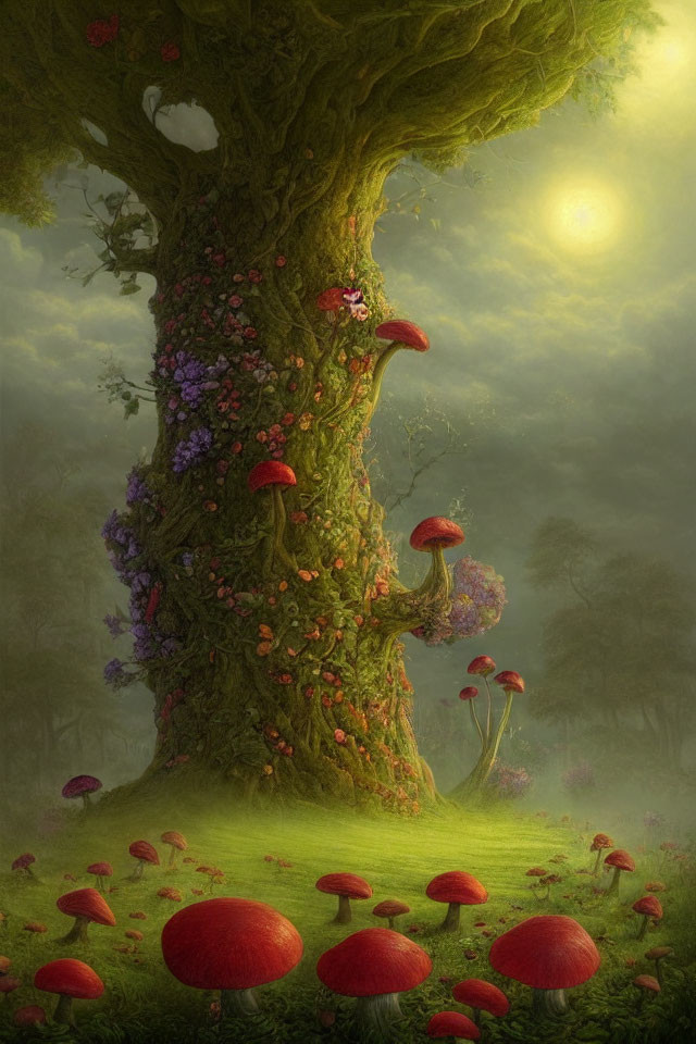 Enchanting forest scene with moss-covered tree and red-capped mushrooms
