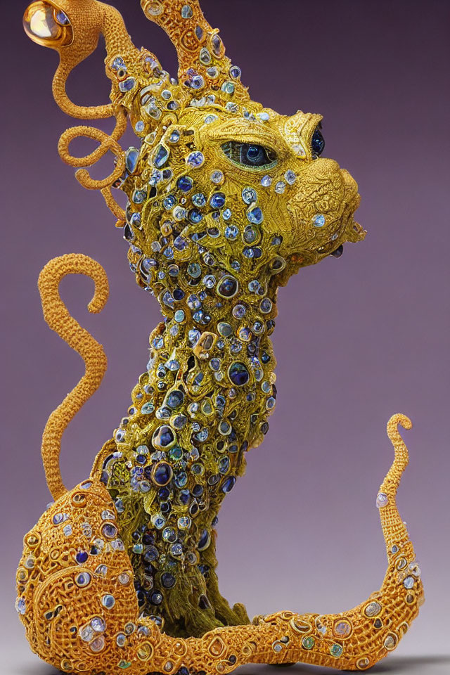 Golden Mythical Cat-Like Creature Sculpture with Blue Gemstones on Purple Background