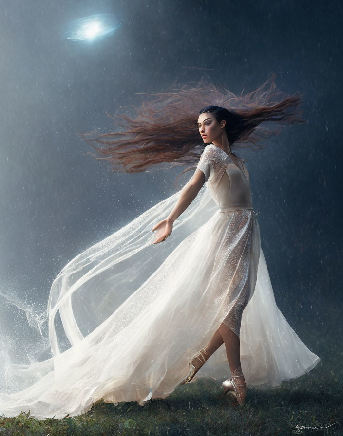 Graceful woman in white dress dances under night sky with UFO above