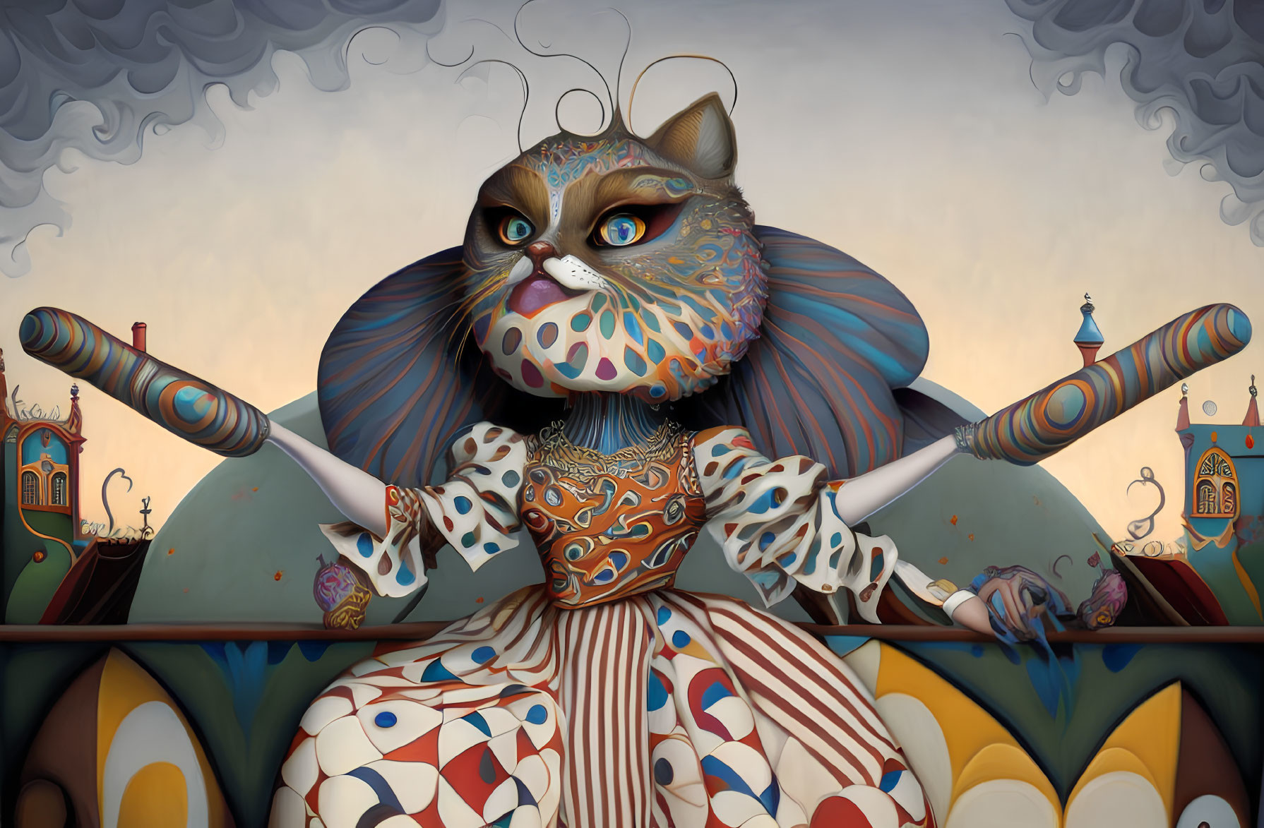 Anthropomorphic cat playing drums in surreal cityscape