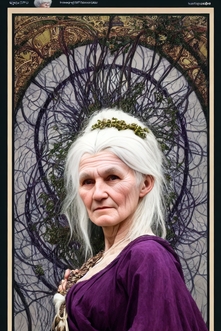 Elder woman with white hair and golden crown in purple cloak before circular pattern