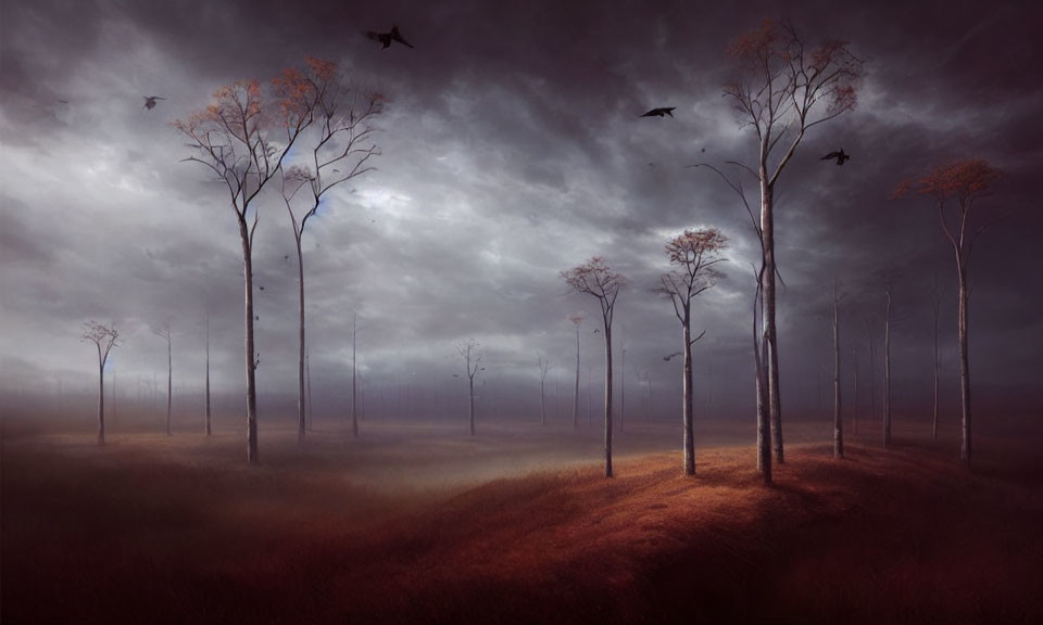 Misty field with bare trees and flying birds under dark sky