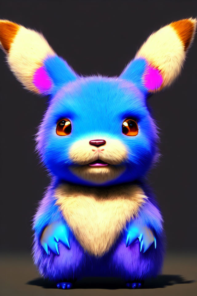 Colorful Cartoon Rabbit with Orange Eyes and Blue Claws on Dark Background