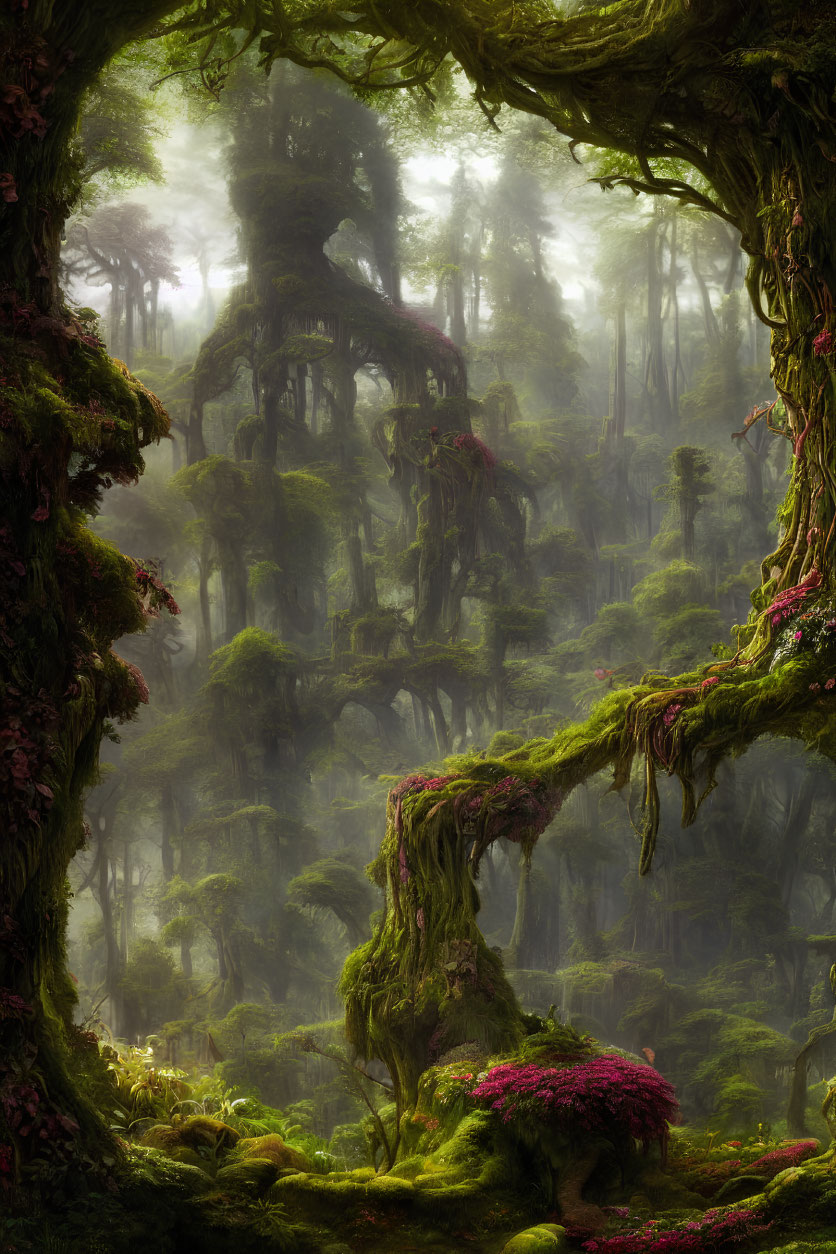 Moss-covered branches in misty green forest