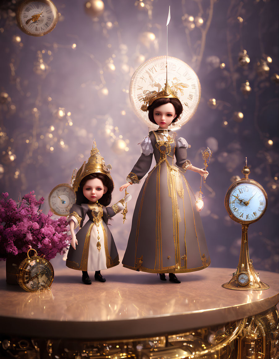 Ornate dolls in vintage golden gowns with clock elements among whimsical clocks and lights.
