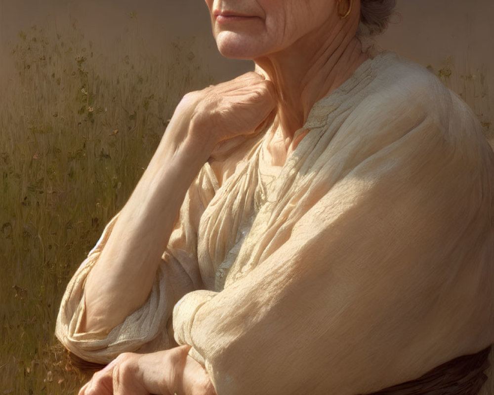 Elderly woman with white hair in beige blouse gazes into the distance in a field
