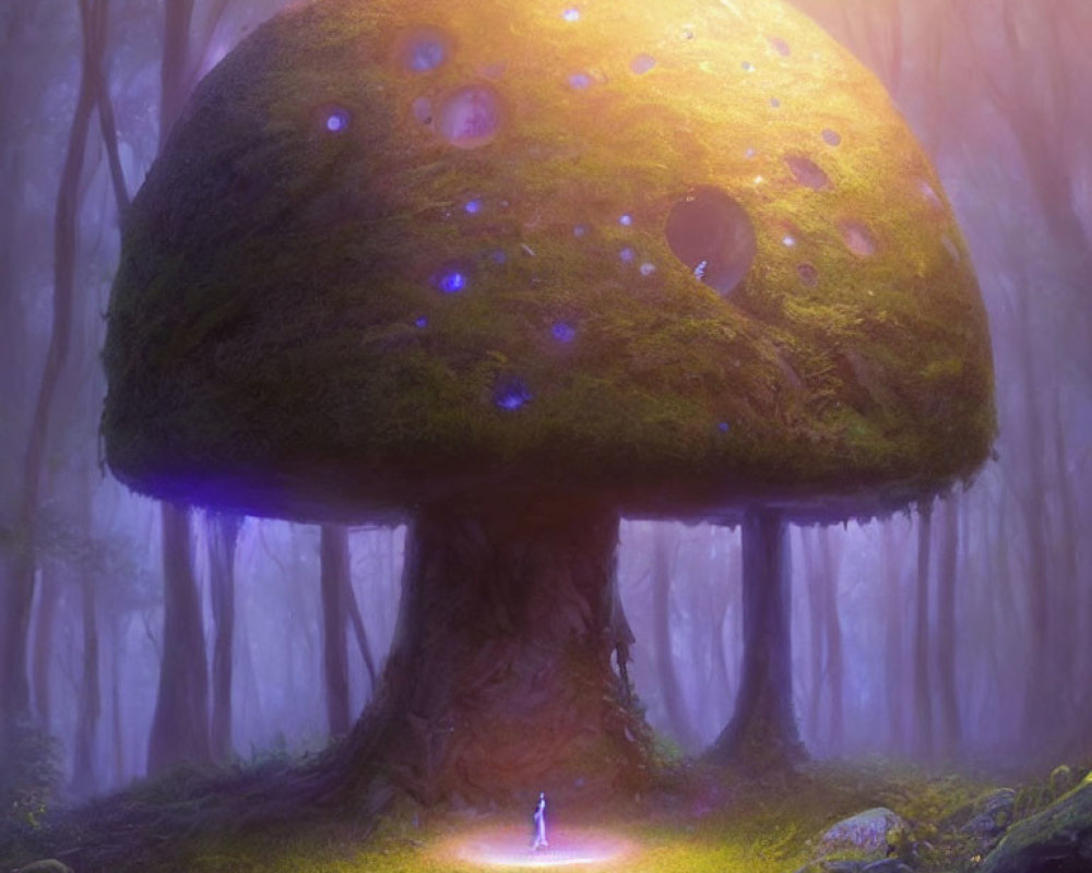 Giant glowing mushroom in mystical forest scene