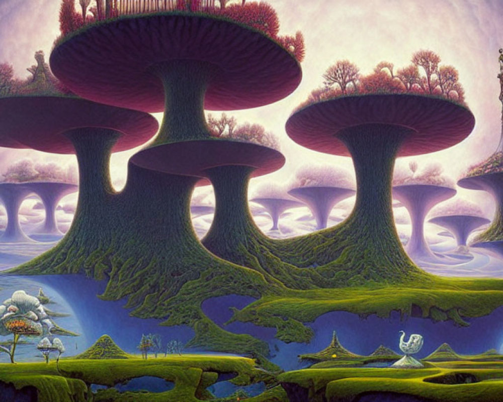 Surreal landscape with oversized mushrooms, unique trees, and floating islands