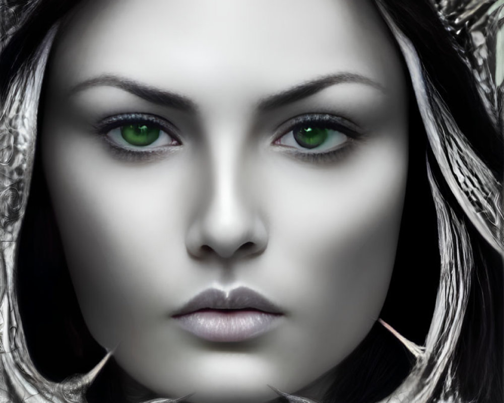 Digital Artwork: Woman with Striking Green Eyes and Tree Branch-Like Adornments