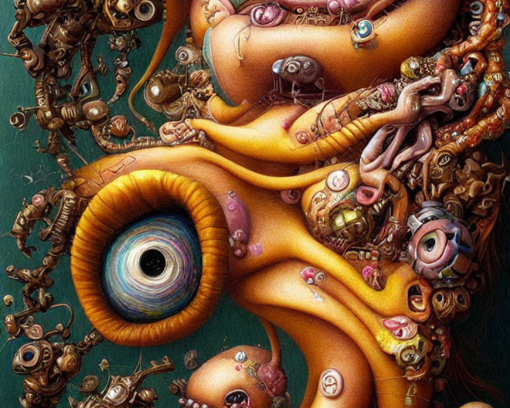 Detailed psychedelic artwork with eyes, tentacles, mechanical elements, and skulls in vivid colors