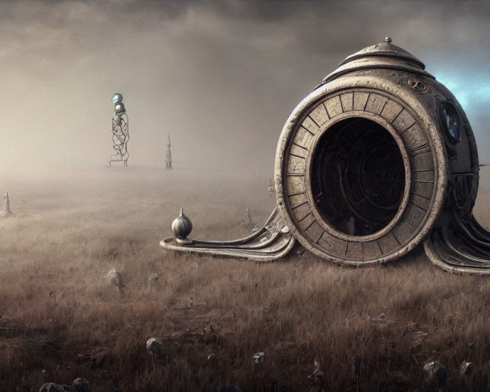 Desolate futuristic landscape with humanoid robot and eerie spires
