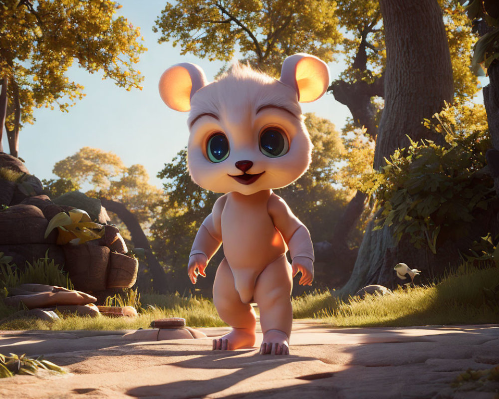 Cute Animated Baby Animal in Sunlit Forest