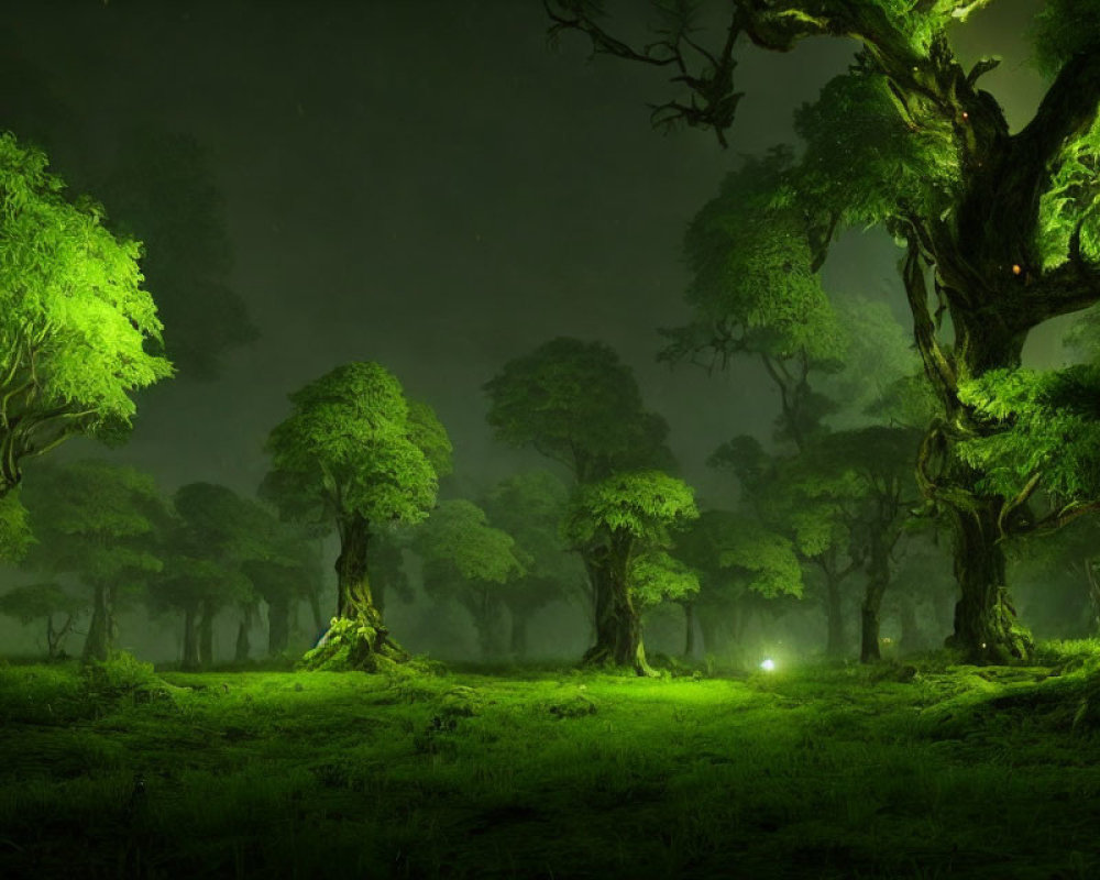 Ethereal green forest at night with twisted trees and glowing light