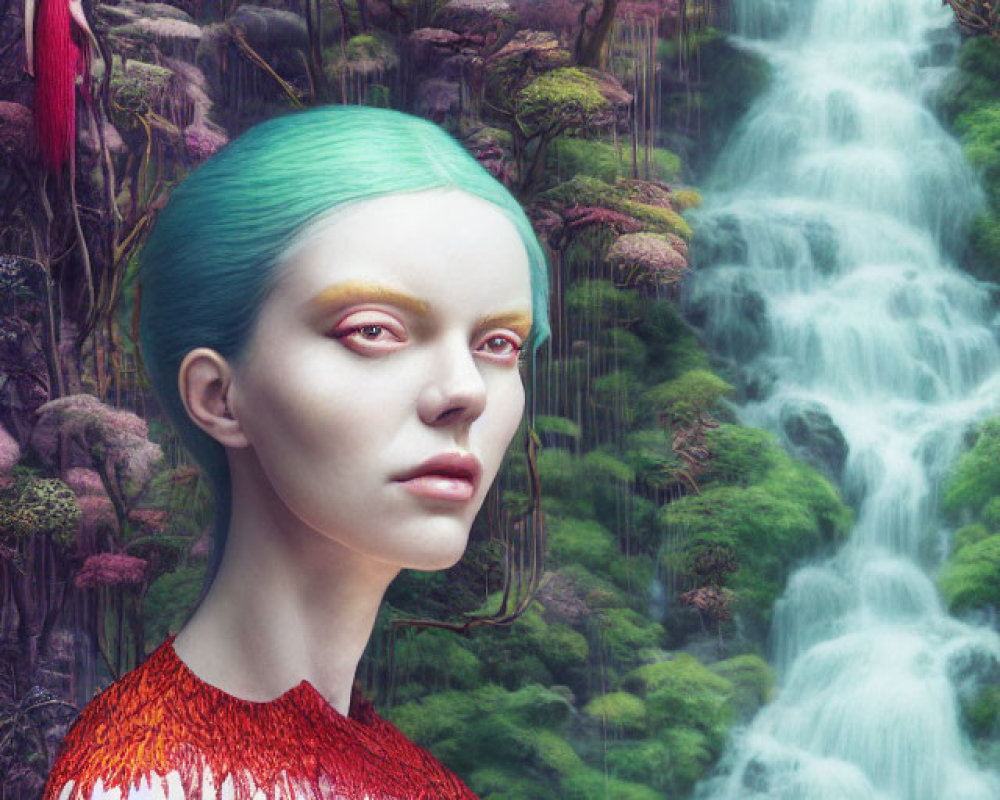 Surreal portrait of a person with green hair and vibrant forest backdrop