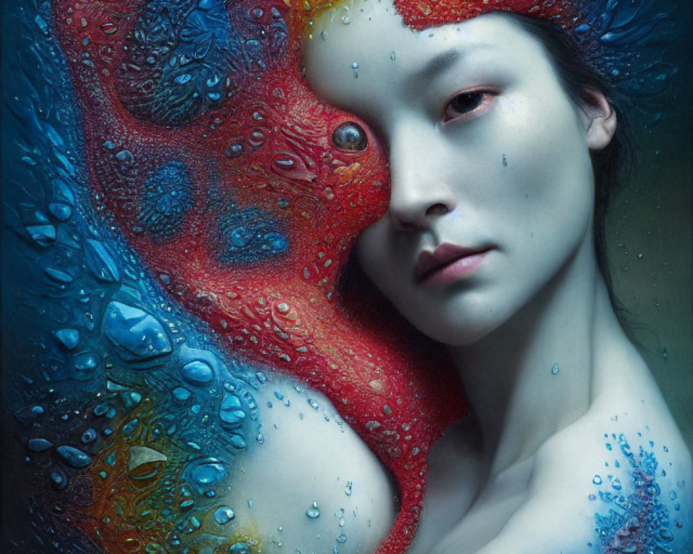 Vivid Red and Blue Color Gradient on Woman with Water Droplets