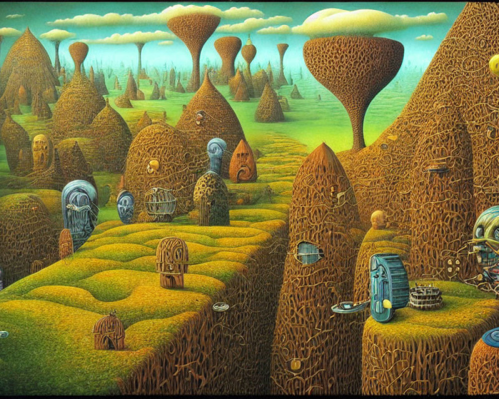 Surrealist landscape with undulating fields and bulbous towers