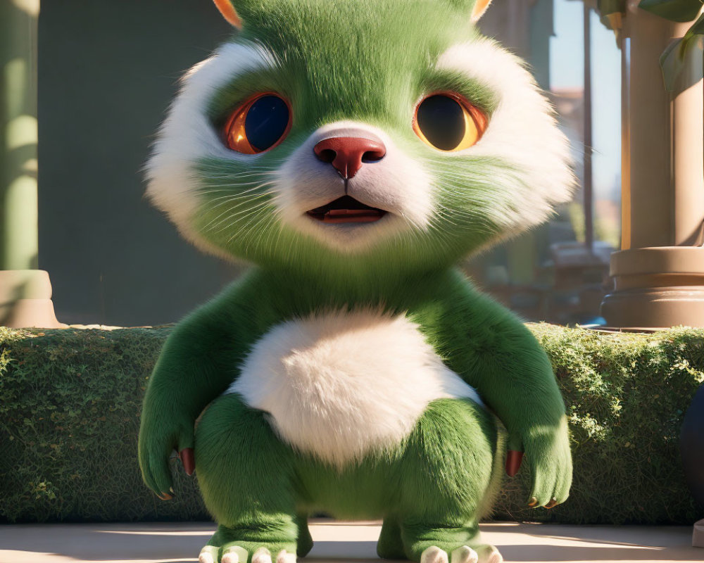 Green Animated Creature with Orange Eyes and White Fur on Paved Surface