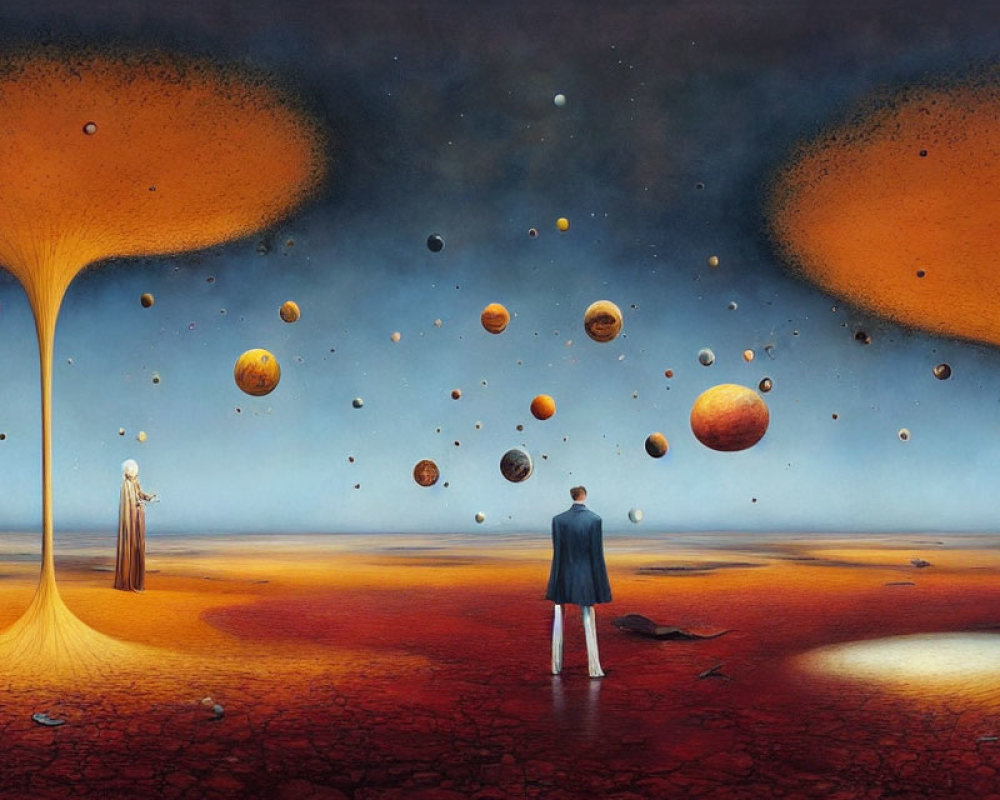 Surreal desert landscape with figures, floating spheres, and tree-like structures