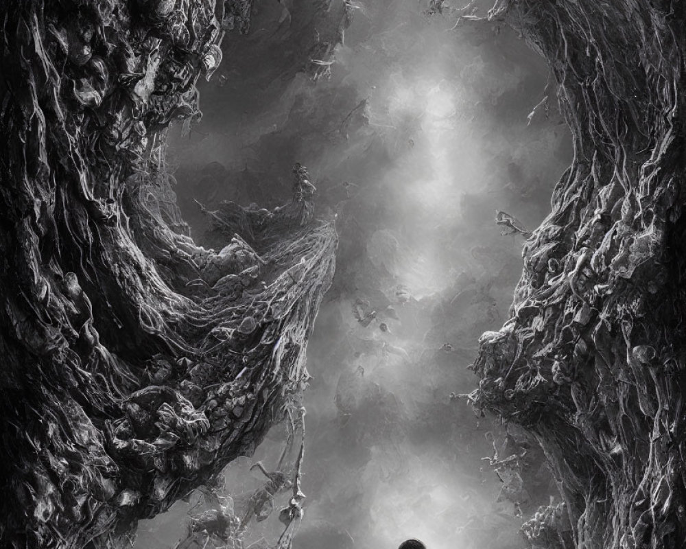 Solitary figure in front of swirling vortex of twisted trees