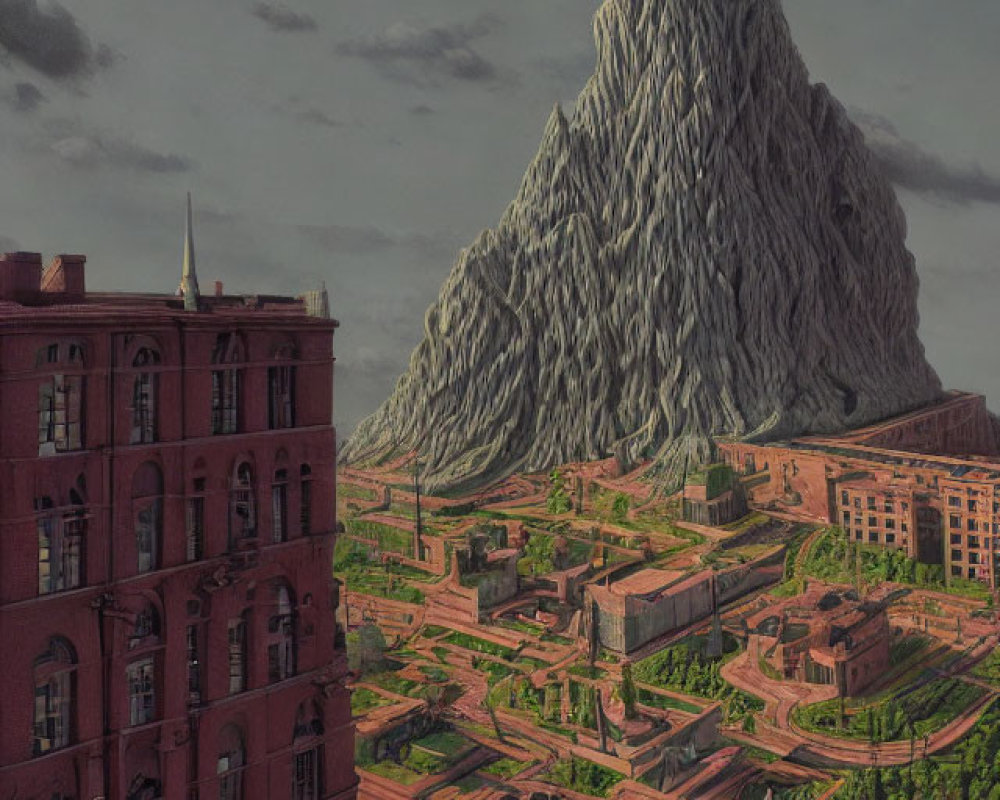 Surreal artwork of towering mountain and cityscape with statue