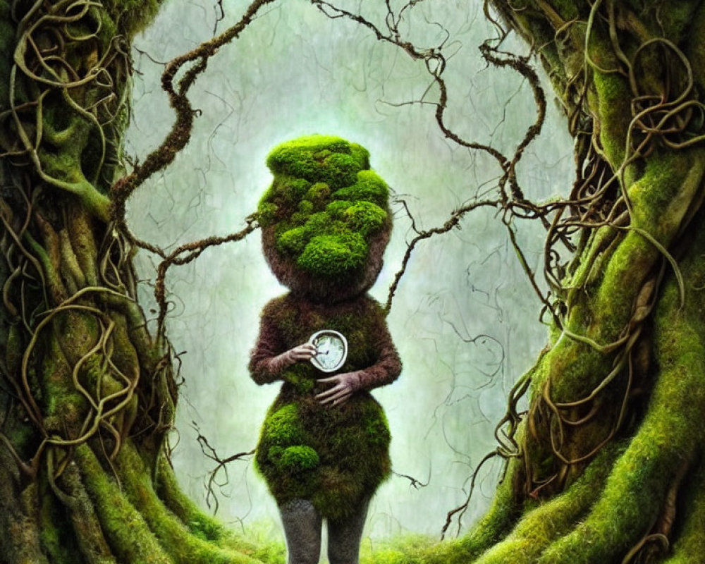 Fantastical moss humanoid with mirror, heart-shaped tree portal