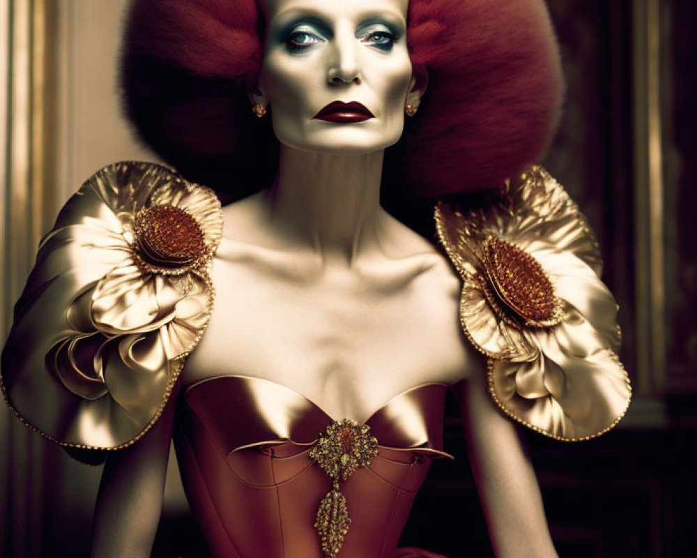 Elaborate Golden and Red Costume with Striking Headpiece and Intense Gaze