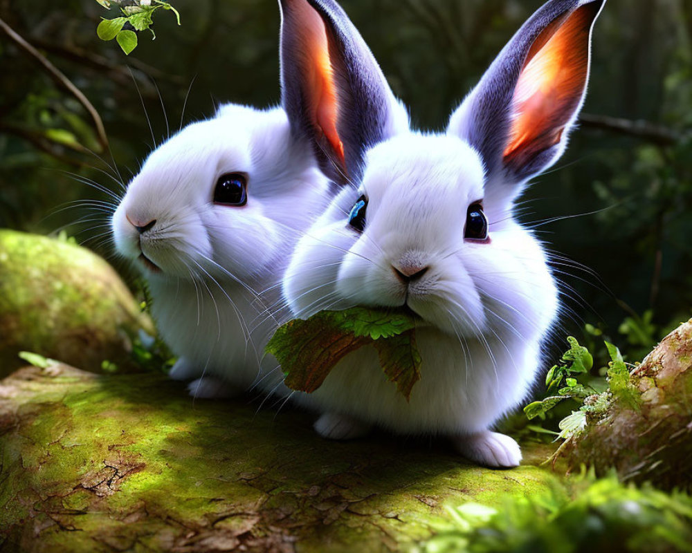 Fantastical rabbits with expressive eyes sharing a leaf in lush forest