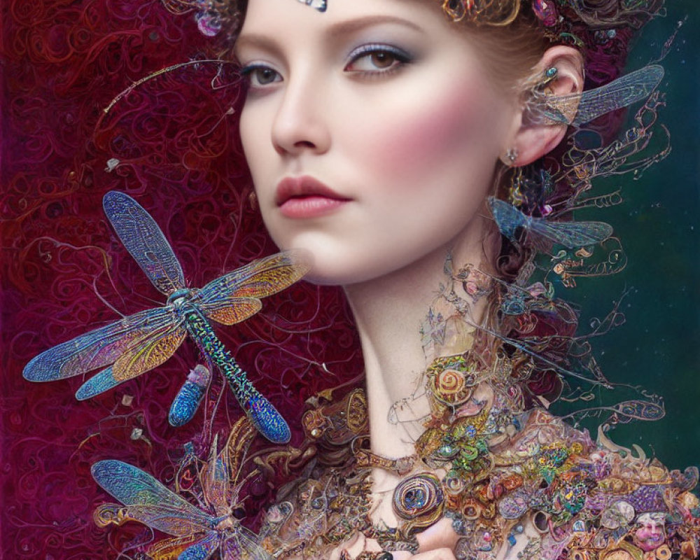 Elaborate fantasy makeup woman with dragonfly and floral headdress.